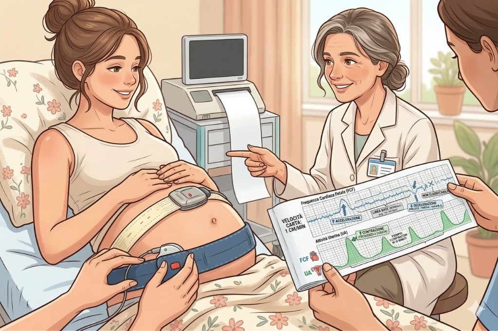 Ostetrica che spiega il tracciato cardiotocografico alla paziente