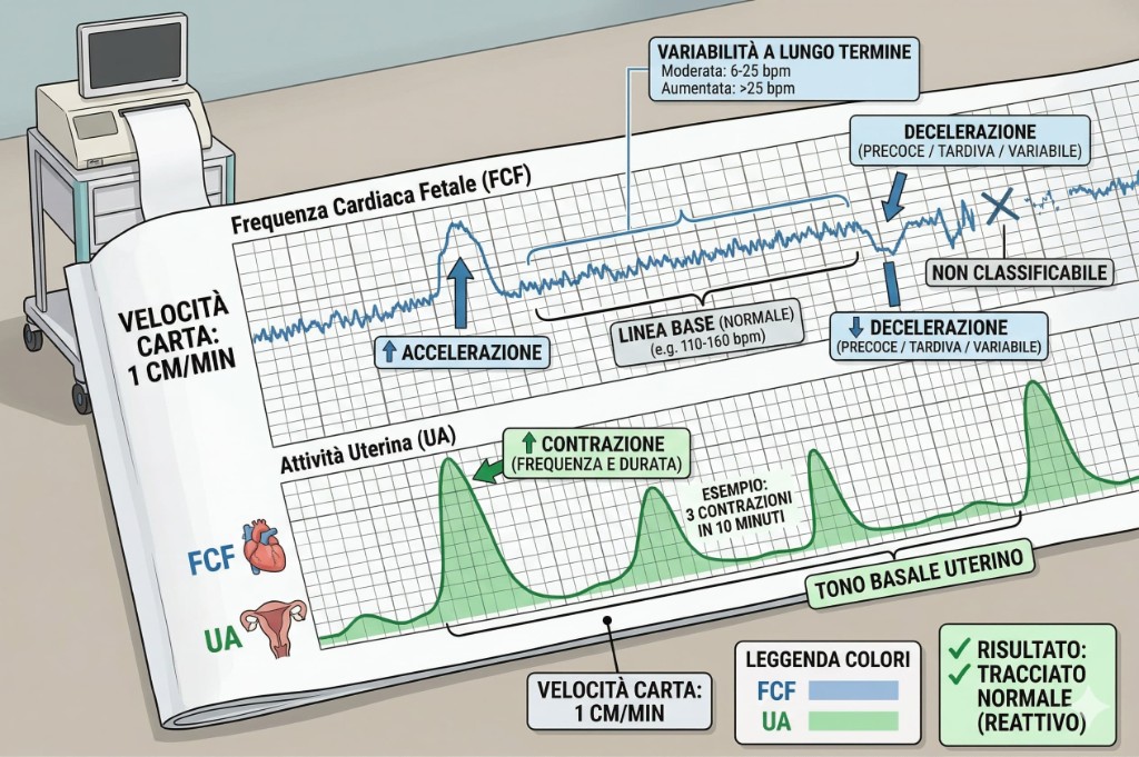 Infografica del tracciato cardiotocografico annotato con spiegazione dei parametri